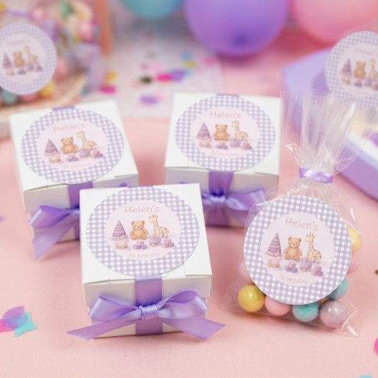 Sticker Rond Personalized Lavender Gingham 1st Birthday 