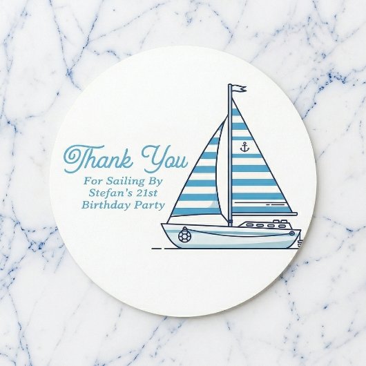 Sticker Rond Personalized Nautical Sailboat Cabana Stripe