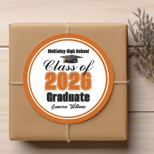 Sticker Rond Personalized Orange Class of 2026 Graduation Party