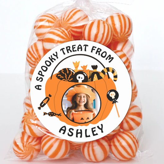 Sticker Rond Personalized Photo Name Halloween Candy Treat