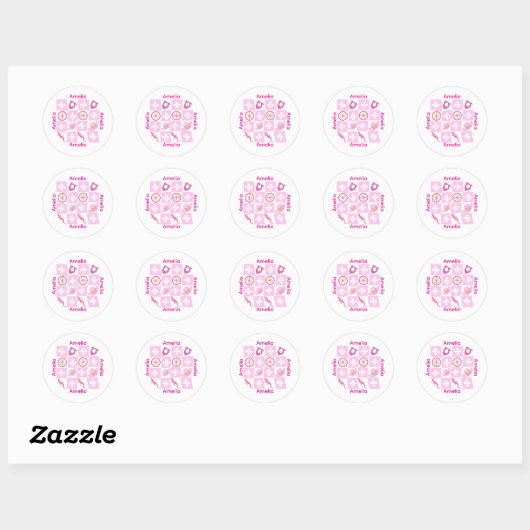 Sticker Rond Personalized Pink Checkered Cowgirl Pattern  (Feuille)