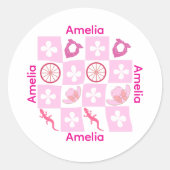 Sticker Rond Personalized Pink Checkered Cowgirl Pattern (Devant)