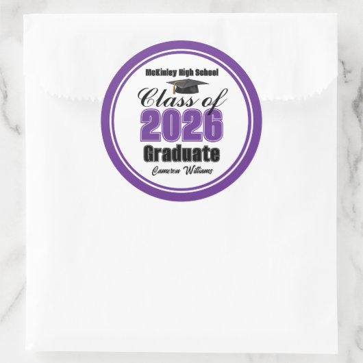 Sticker Rond Personalized Purple Class of 2026 Graduation Party (Sac)