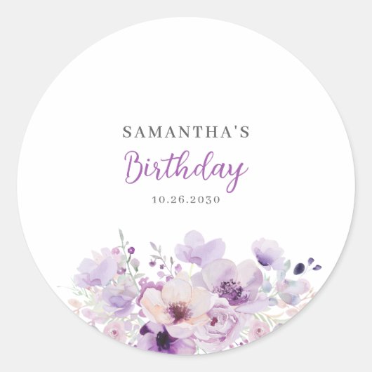 Sticker Rond Personalized Purple Floral Birthday  (Devant)
