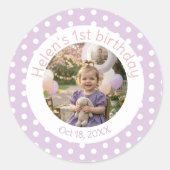 Sticker Rond Personalized Purple Polka Dot Photo 1st Birthday  (Devant)