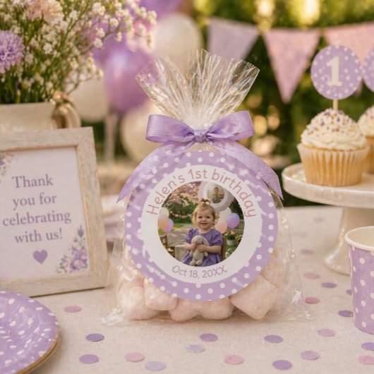 Sticker Rond Personalized Purple Polka Dot Photo 1st Birthday 
