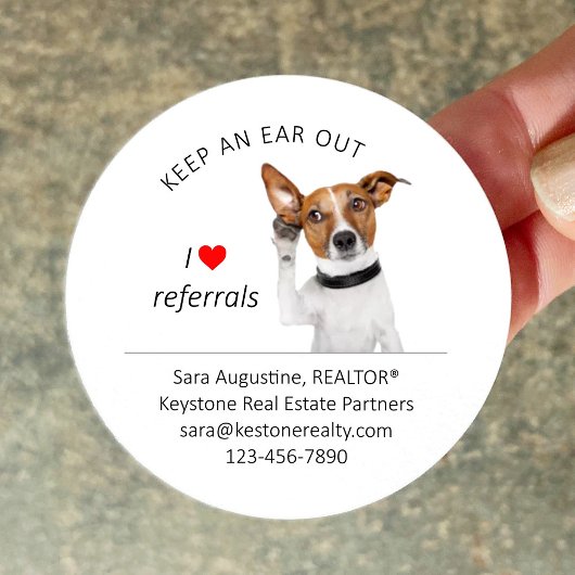 Sticker Rond Personalized Realtor Referral Dog, Keep an Ear Out