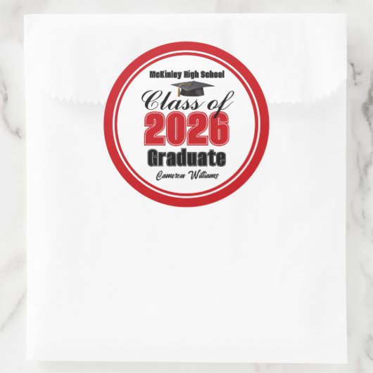Sticker Rond Personalized Red Class of 2026 Graduation Party (Sac)