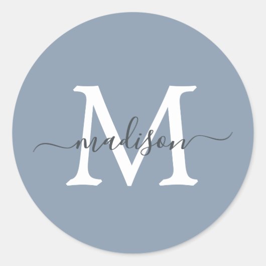 Sticker Rond Personalized Script Name Monogram Dusty Blue (Devant)