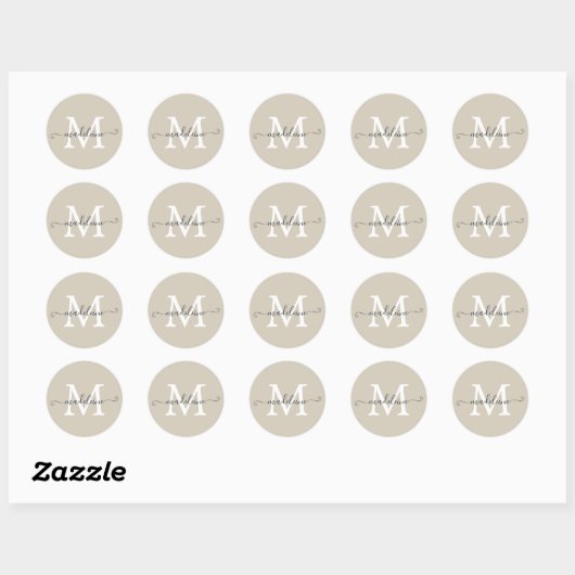 Sticker Rond Personalized Script Name Monogram Warm Beige (Feuille)