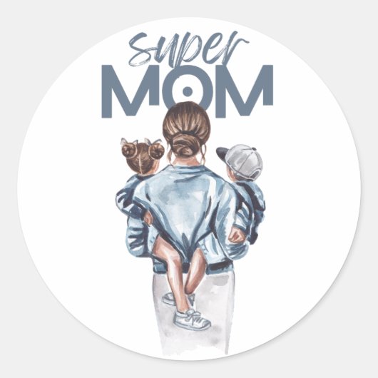 Sticker Rond Personalized Super Mom with Son and Daughter Gift (Devant)
