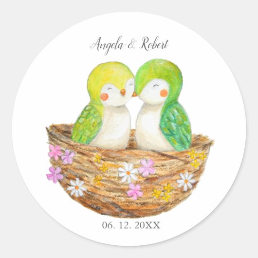 Sticker Rond Personnalisable Cute Lovebirds unique Mariage Fave (Devant)