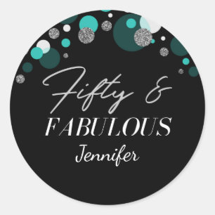 Sticker Rond Personnalisé 50 et Fabulous Noir et Turquoise