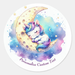 Sticker Rond Personnalisé Cute Baby Unicorn Dormir sur la Lune