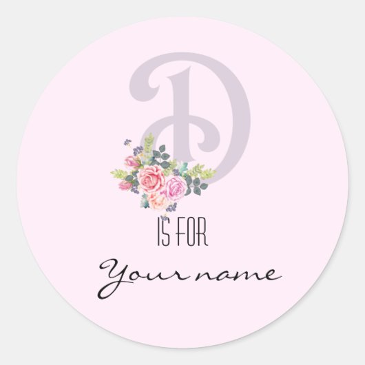 Sticker Rond Personnalisé D Nom Floral Fleur rose Lettre D Mode (Devant)