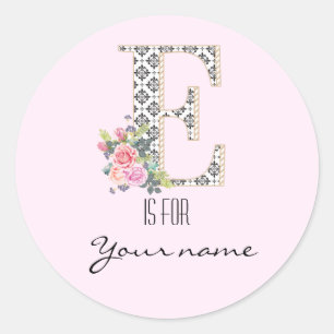 Sticker Rond Personnalisé E Nom Floral Fleur rose Lettre E Mode