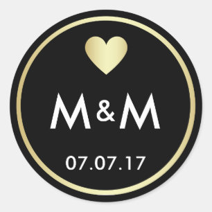 Sticker Rond Personnalisé Elegant Black Gold & Heart Mariage