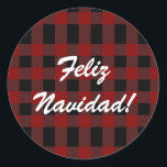 Sticker Rond Personnalisé Feliz Navidad Christmas Red Plaid Esp<br><div class="desc">Décorez avec style ces autocollants rouge et noir Buffalo Plaid. Ce design comprend un motif classique à baldaquin rouge et noir. Il y a un endroit pour personnaliser les autocollants en blanc imprimé cursif, le texte par défaut dit "Feliz Navidad", espagnol pour Joyeux Noël. Ce design est entièrement personnalisable !...</div>