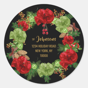 Sticker Rond Personnalisé MERRY CHRISTMAS Wreath Black Adresse 