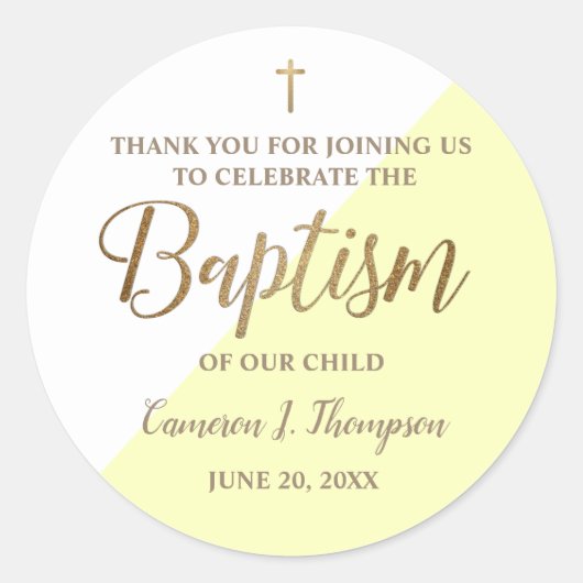 Sticker Rond Personnalisé Moderne JAUNE Bébé baptême Merci (Devant)