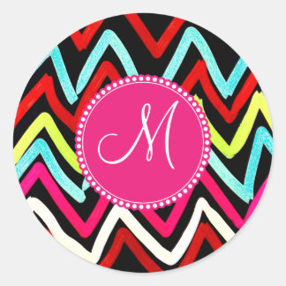Sticker Rond Personnalisé Monogramme coloré Chevron Tribal Zigz