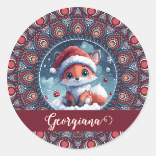 Sticker Rond Personnalisé Noël mignon Kawaii Fox Dot Mandala