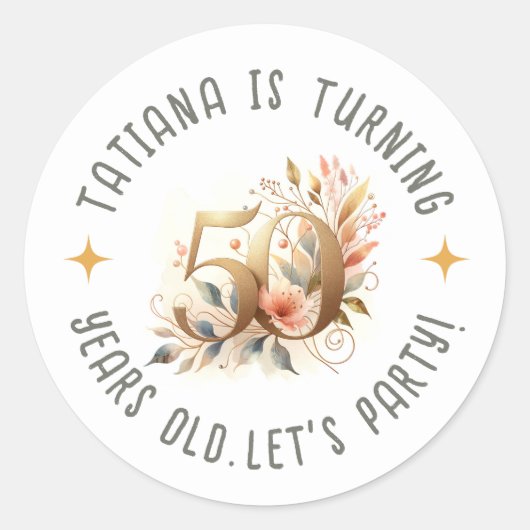 Sticker Rond Personnalisé Nom 50e fête d'anniversaire Fête Flor (Devant)