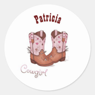 Sticker Rond Personnalisé Nom tendance Cute CowGirl Bottes rose