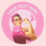 Sticker Rond Personnalisé Rosie le Riveter Cancer du sein rose<br><div class="desc">Ajoutez votre propre texte à ce ruban rose personnalisable Rosie le design Riveter.</div>