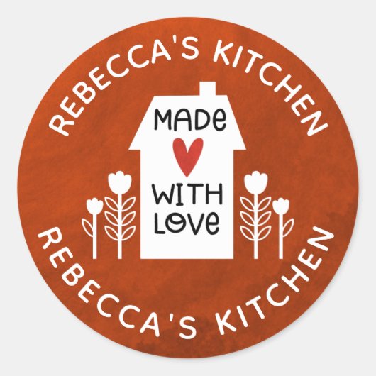 Sticker Rond Personnalisé Rouge Blanc Maison Faite Avec Amour (Devant)