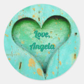 Sticker Rond Personnalisé Rustic Aqua Green Heart (Devant)