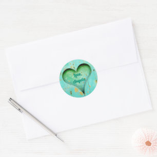 Sticker Rond Personnalisé Rustic Aqua Green Heart