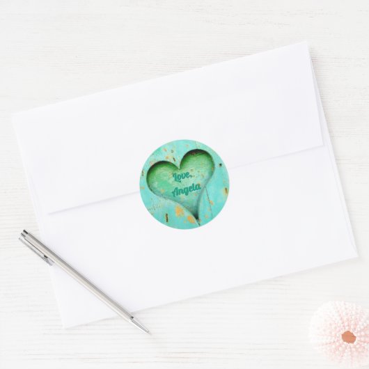 Sticker Rond Personnalisé Rustic Aqua Green Heart (Enveloppe)