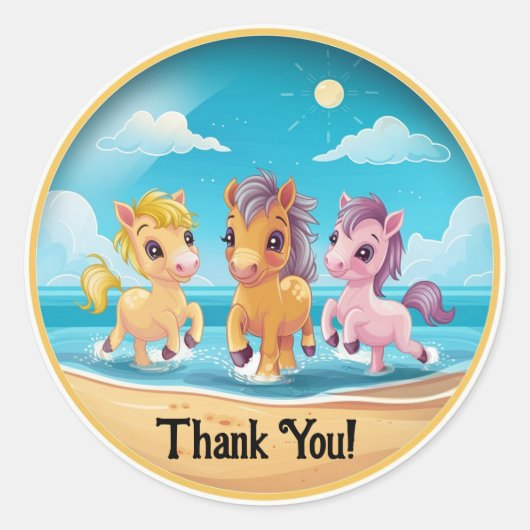 Sticker Rond Personnaliser Nom Mets Ponies sur la plage (Devant)