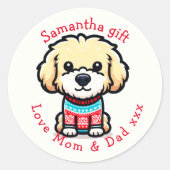 Sticker Rond Personnalisez le joli Goldendoodle en pull de Noël (Devant)