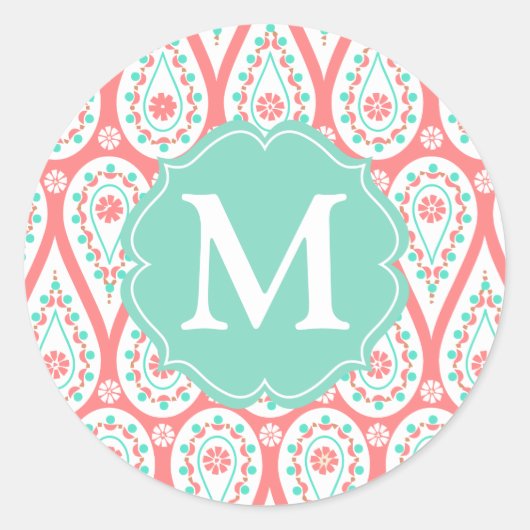 Sticker Rond Personnalized moderne Damask Coral Paisley (Devant)