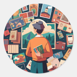 Sticker Rond personne-admirant-une-collection-de-vintage-postca