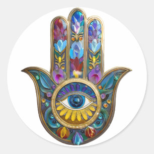 Sticker Rond Pétales Colorés Feuilles Hamsa Saphir Troisième Œi