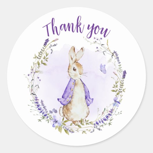 Sticker Rond Peter Rabbit Baby shower violet Merci de  (Devant)
