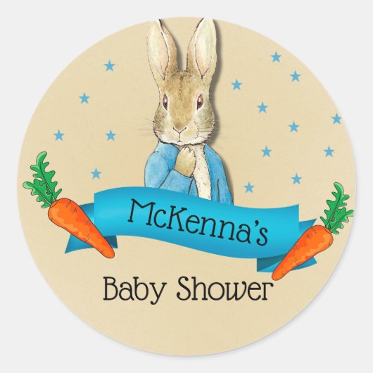 Sticker Rond Peter Rabbit Carottes et Stars Baby shower garçon (Devant)