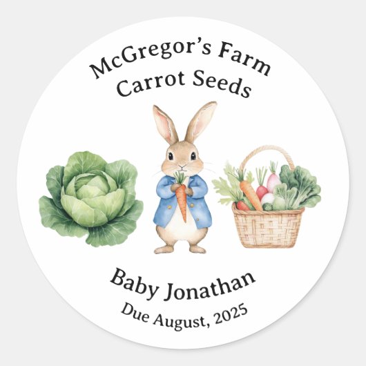 Sticker Rond Peter Rabbit Veggie Basket Baby Shower Favor (Devant)