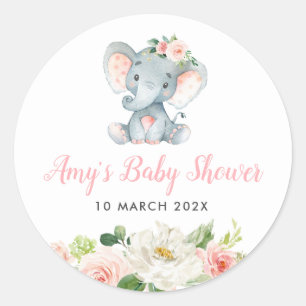 Sticker Rond Petit baby shower à fleurs rose éléphant