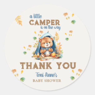 STICKER ROND PETIT BABY SHOWER CAMPING BLEU WATERCOLOR