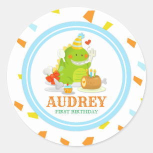 Sticker Rond Petit baby shower d'anniversaire de Dino de vert
