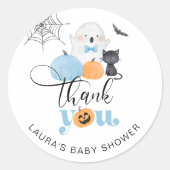 Sticker Rond Petit baby shower éffrayant bleu Boo merci (Devant)