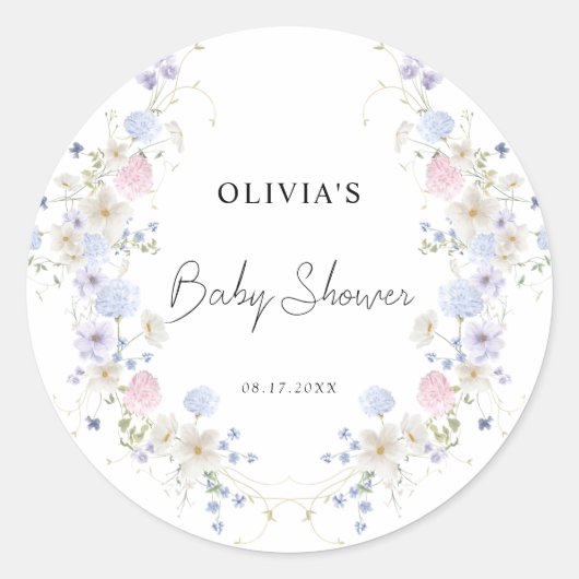 Sticker Rond Petit Baby shower Fleur sauvage rose pourpre (Devant)