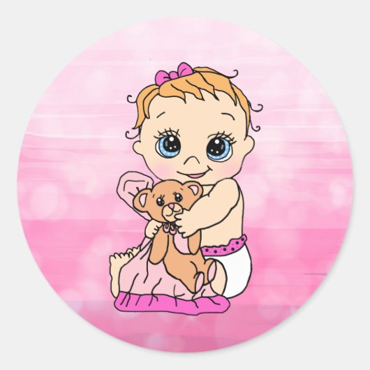 Sticker Rond Petit Bébé caucasien doux avec ours en peluche (Devant)