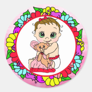 Sticker Rond Petit bébé doux avec ours en peluche Floral