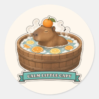 Sticker Rond Petit capybara calme dans une baignoire en bois
