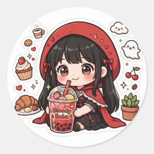 Sticker Rond Petit Chaperon Rouge gothique mignon Thé aux perle